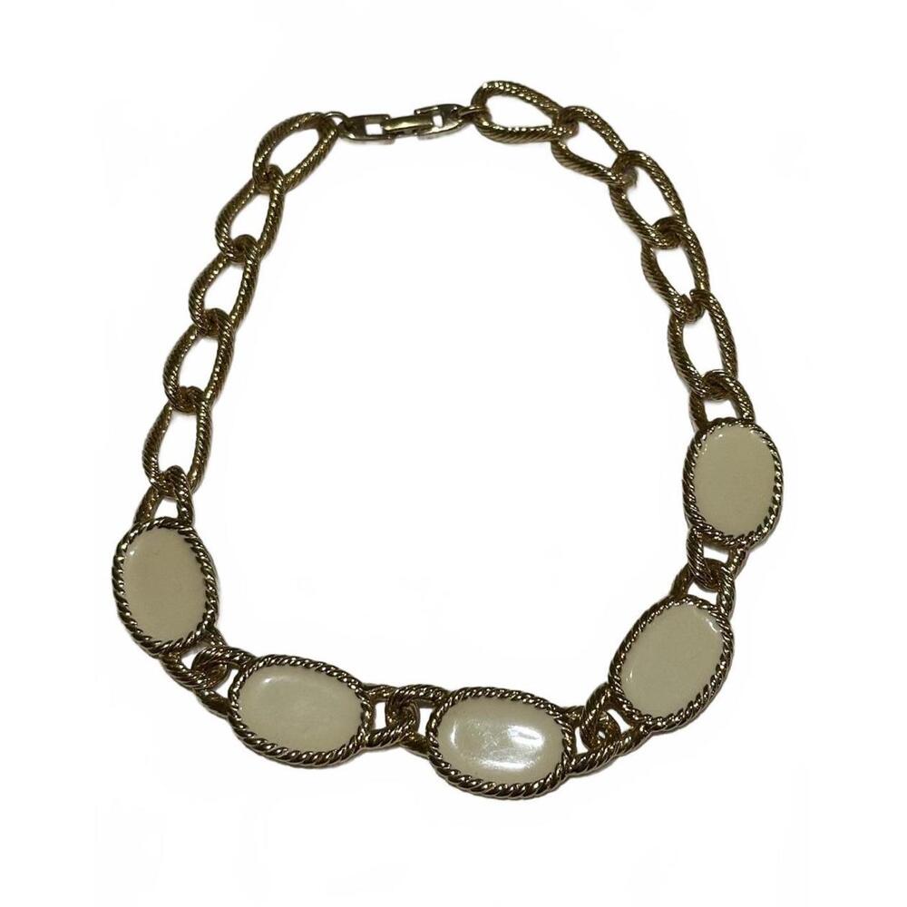 Vintage Napier Gold Chain Necklace with Oval Off White Inlays